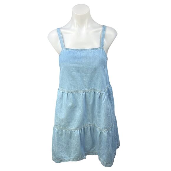 Z Supply Daniela Blue Chambray Square Neck Strap Tiered Denim Jeans Dress Sz XS - Picture 6 of 10